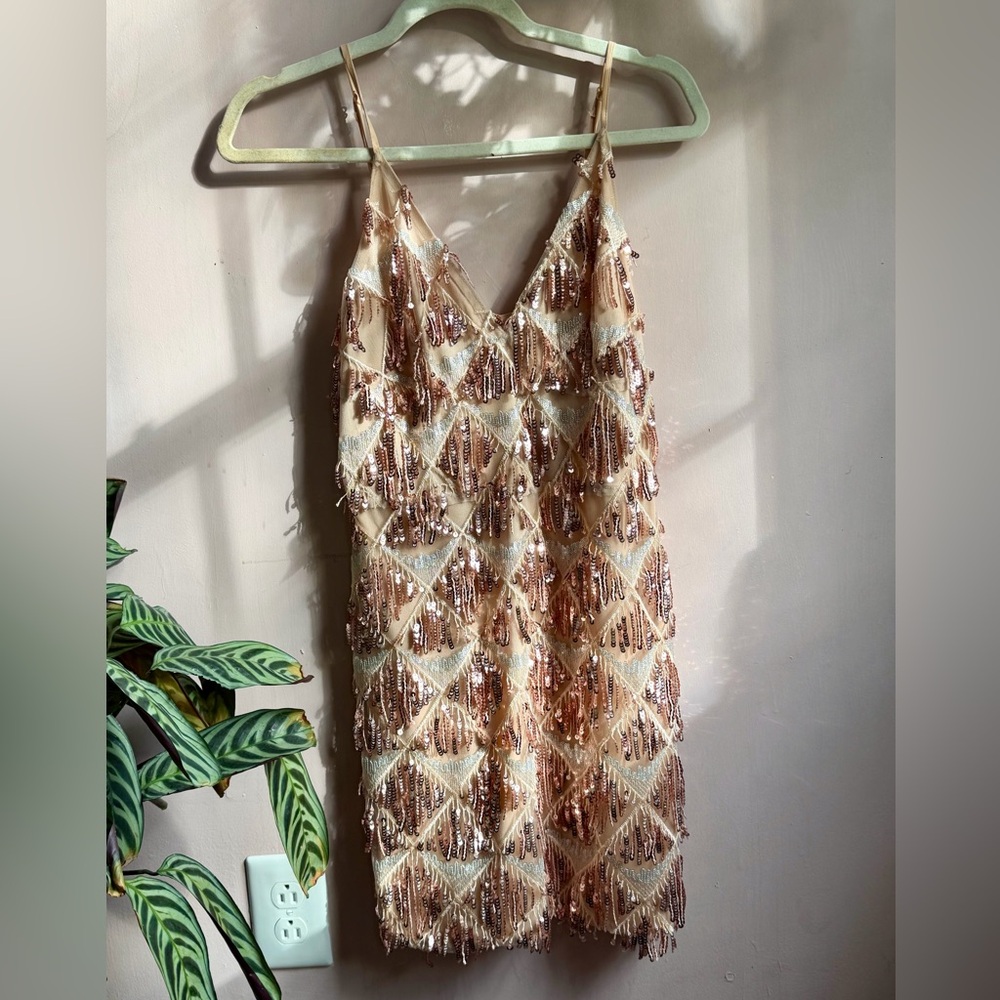 Sequin Fringe Dress in Gold and Cream